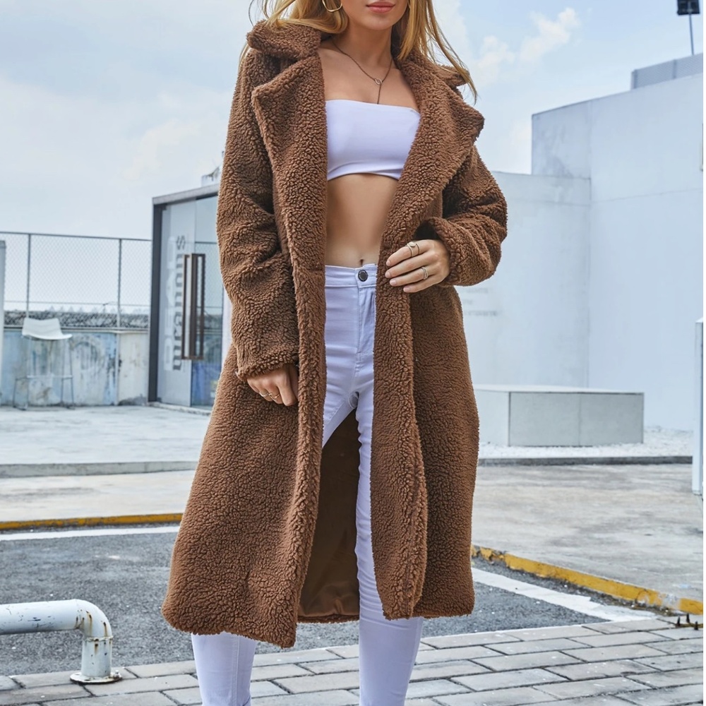 Cozy Brown Solid Button Closure Wide Collar Teddy Jacket Coat